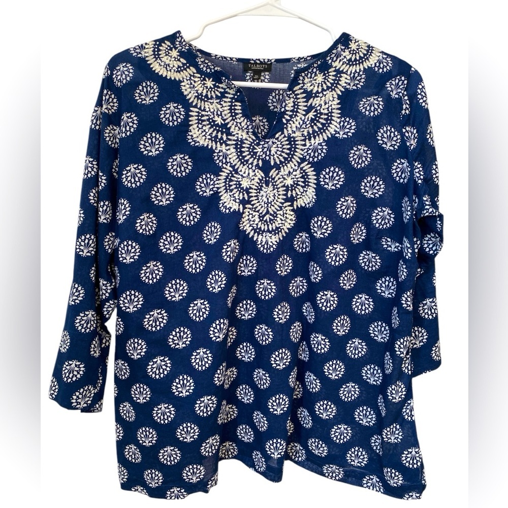 Talbots Embroidered Floral Tunic Top Womens Xp Peasant Top Beaded Navy Blue